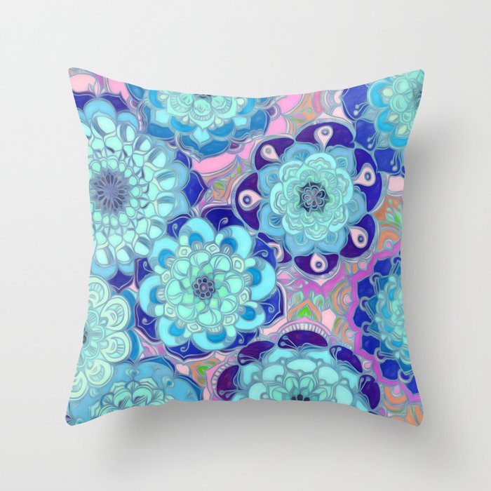 Radiant Cyan & Purple Stained Glass Floral Mandalas Throw Pillow