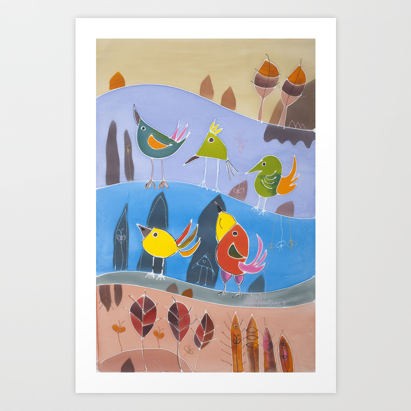 Abstract Painting On Silk Original Hand Painted With Birds Quintet Art Print By Donaz Society6