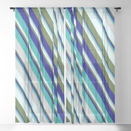 [ Thumbnail: Blue, Light Sea Green, Light Gray, Light Cyan & Dark Olive Green Colored Pattern of Stripes Sheer Curtain ]