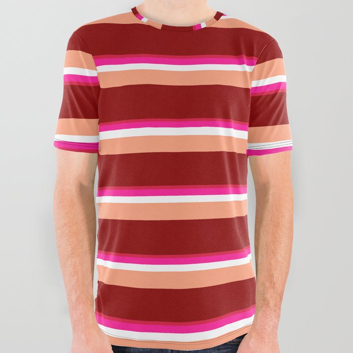 Crimson, Deep Pink, White, Light Salmon, and Dark Red Colored Lines Pattern All Over Graphic Tee