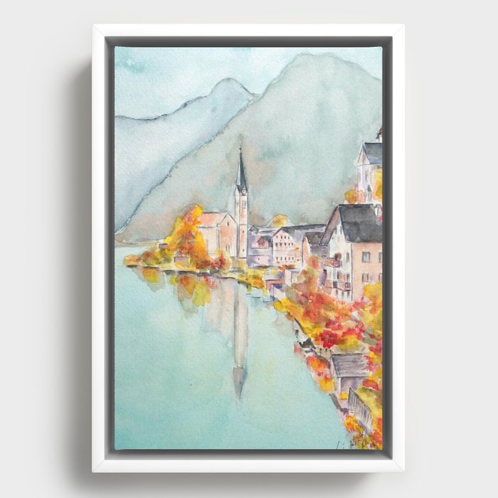 Hallstatt in autumn watercolor  Framed Canvas