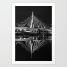 Lenny Zakim Bridge Reflection at Night Boston Massachusetts Black and White Art Print
