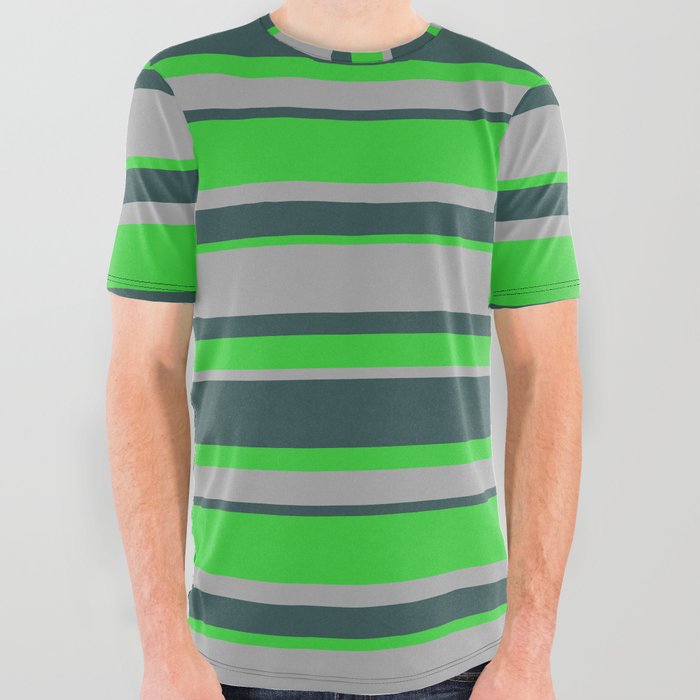 Dark Slate Gray, Lime Green & Dark Gray Colored Stripes Pattern All Over Graphic Tee