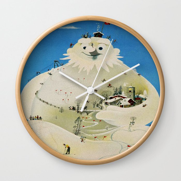 Vintage Adelboden Switzerland Travel Poster - Snowman Wall Clock