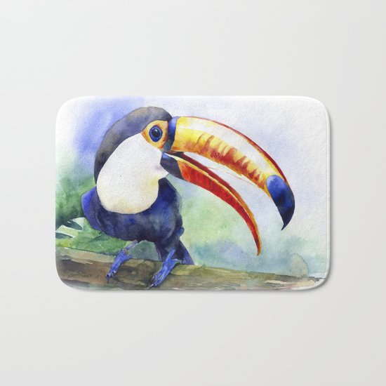 Toucan watercolor illustration, aquarelle art bird Bath Mat