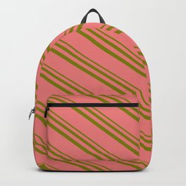 [ Thumbnail: Light Coral & Green Colored Pattern of Stripes Backpack ]