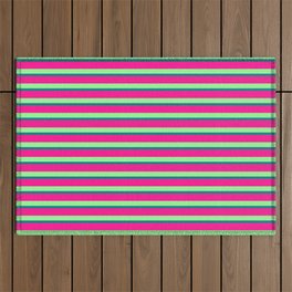 [ Thumbnail: Green, Teal, and Deep Pink Colored Stripes Pattern Outdoor Rug ]