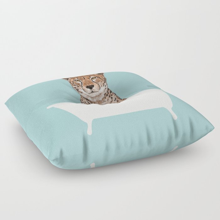 Cheetah in Bathtub in Blue Floor Pillow