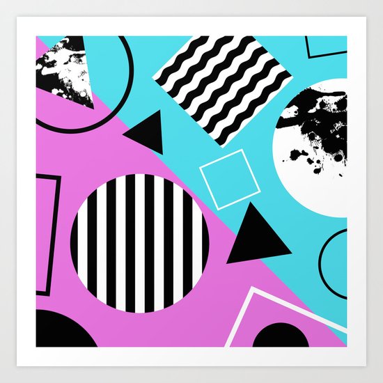 Stripes And Splats 1 - Wacky, Random, Abstract, Black And White Stripes, Blue and pink Artwork Art Print