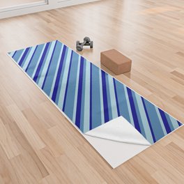 [ Thumbnail: Light Blue, Blue & Dark Blue Colored Lined/Striped Pattern Yoga Towel ]