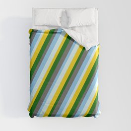 [ Thumbnail: Colorful Dark Green, Dim Gray, Light Sky Blue, Light Cyan, and Yellow Colored Pattern of Stripes Duvet Cover ]