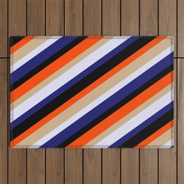 [ Thumbnail: Eyecatching Red, Tan, Lavender, Midnight Blue, and Black Colored Lines/Stripes Pattern Outdoor Rug ]
