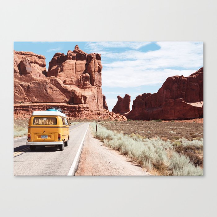 Red SouthWest Desert Roadtrip in Yellow V W Camper Van - USA Canvas Print