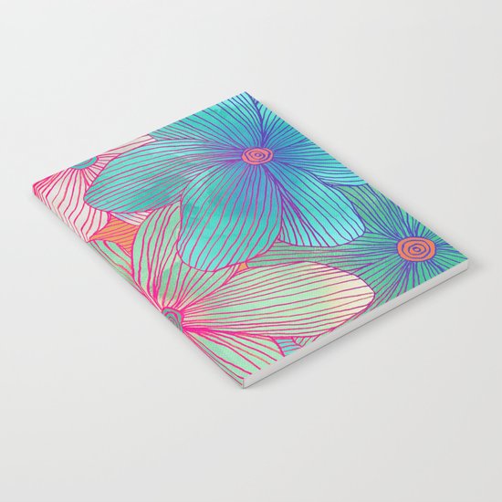 Between the Lines - tropical flowers in pink, orange, blue & mint Notebook