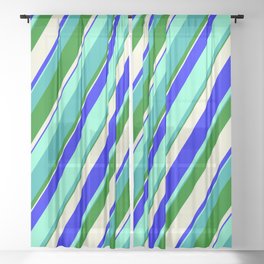 [ Thumbnail: Vibrant Aquamarine, Light Sea Green, Green, Beige, and Blue Colored Lines Pattern Sheer Curtain ]