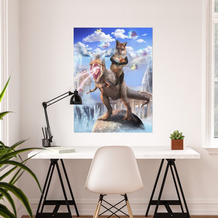 Fox Riding Dinosaur Poster by Random Galaxy