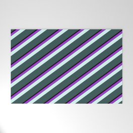 [ Thumbnail: Dark Orchid, Light Cyan, Dark Slate Gray & Black Colored Lines Pattern Welcome Mat ]