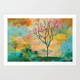 Pastel Abstract Landscape with Tree and Heart Art Print