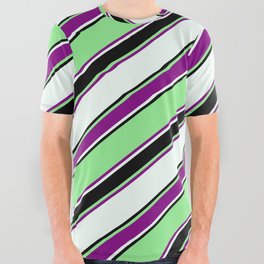 [ Thumbnail: Light Green, Purple, Mint Cream & Black Colored Lines Pattern All Over Graphic Tee ]