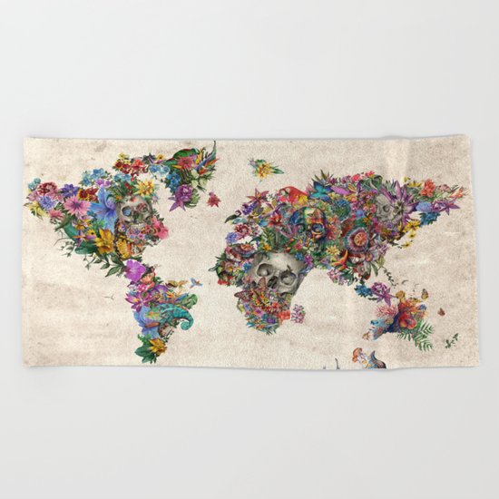 floral skull world map 2 Beach Towel