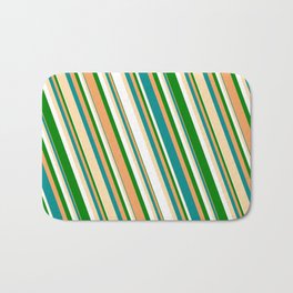 [ Thumbnail: Vibrant Brown, Dark Cyan, Tan, White & Green Colored Striped Pattern Bath Mat ]