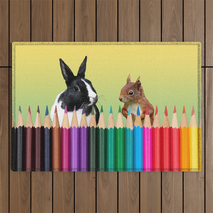 Colored Pencils - Squirrel & black and white Bunny - Rabbit Outdoor Rug by  Move-Art | Society6