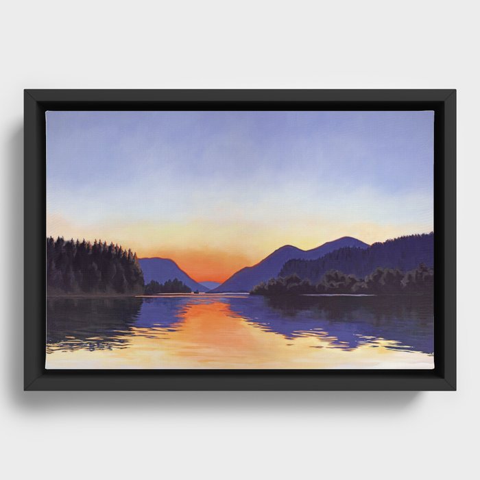 Sunset Over Mountains and River - Sunset in Hood River Framed Canvas