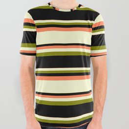 [ Thumbnail: Coral, Light Yellow, Green, and Black Colored Lined/Striped Pattern All Over Graphic Tee ]