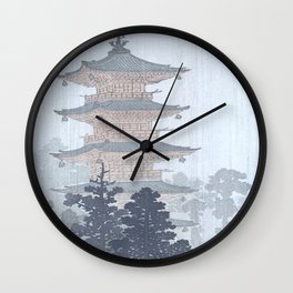 Man with Umbrella And Japanese Pagoda - Vintage Japanese Woodblock Print Art By Ohara Koson Wall Clock