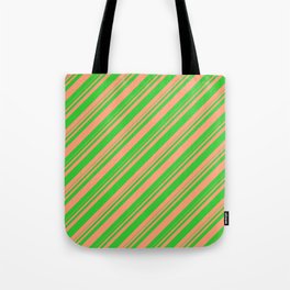 [ Thumbnail: Lime Green & Light Salmon Colored Striped/Lined Pattern Tote Bag ]