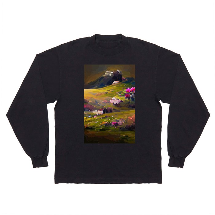 Flower Field and Volcano Long Sleeve T Shirt