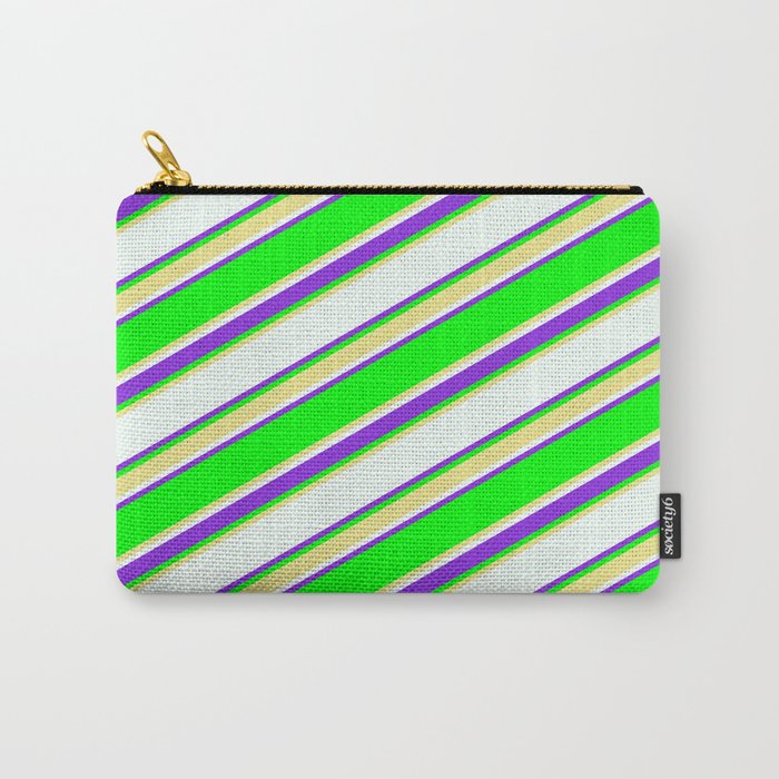 Lime, Tan, Mint Cream & Purple Colored Lined Pattern Carry-All Pouch