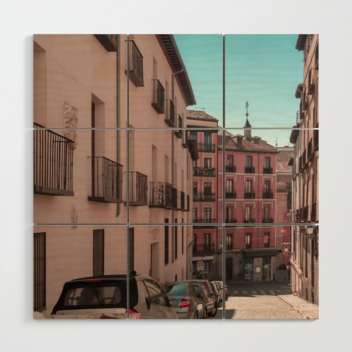 Spain Photography - A Small Street With Parked Cars In Madrid Wood Wall Art