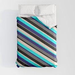 [ Thumbnail: Colorful Cyan, Midnight Blue, Dim Gray, Black, and Beige Colored Lines/Stripes Pattern Comforter ]