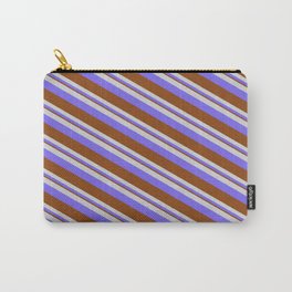[ Thumbnail: Light Gray, Medium Slate Blue & Brown Colored Pattern of Stripes Carry-All Pouch ]