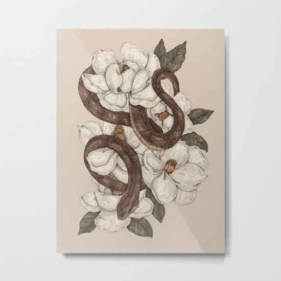 Snake and Magnolias Metal Print