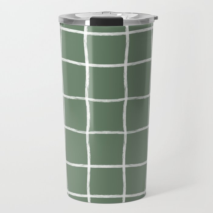 Hand Drawn Windowpane Textured Grid (white/sage green) Travel Mug
