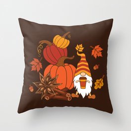 Pumpkins, star anise, cinnamon sticks, autumn leaves and gnome with a cup of pumpkin spice drink. Holiday card. Vintage fall design.  Throw Pillow
