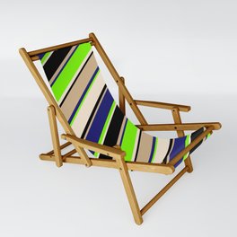 [ Thumbnail: Eyecatching Tan, Midnight Blue, Green, Beige, and Black Colored Lines Pattern Sling Chair ]