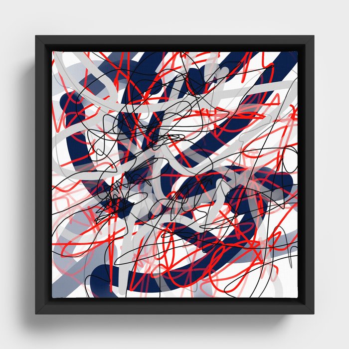 Red, Black, White & Gray Blue Squiggle Abstract Framed Canvas