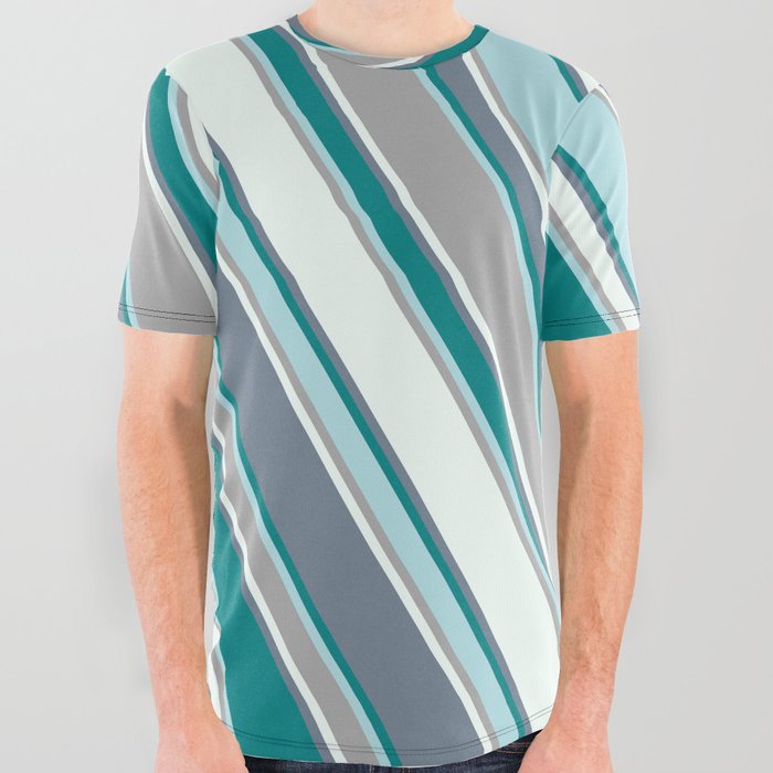 Slate Gray, Teal, Powder Blue, Dark Grey, and Mint Cream Colored Lines/Stripes Pattern All Over Graphic Tee
