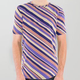 [ Thumbnail: Dark Salmon, Slate Blue, Beige & Midnight Blue Colored Lines Pattern All Over Graphic Tee ]
