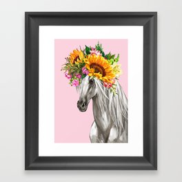 Sunflower Crown White Horse in Pink Framed Art Print