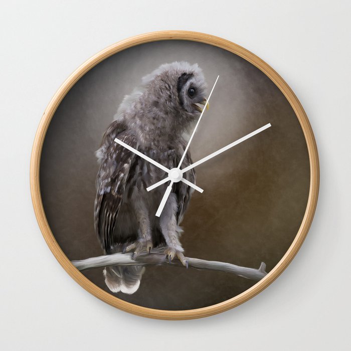 Young Barred Owl Perches On A Branch Digital Painting Wall Clock