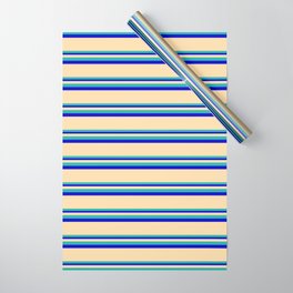 [ Thumbnail: Tan, Light Sea Green & Blue Colored Striped Pattern Wrapping Paper ]