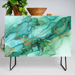 Emerald Gold Waves Abstract Ink Credenza