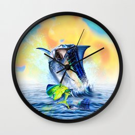 Jumping blue Marlin Chasing Bull Dolphins Wall Clock