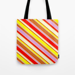 [ Thumbnail: Eyecatching Red, Yellow, Plum, Light Yellow & Chocolate Colored Stripes Pattern Tote Bag ]