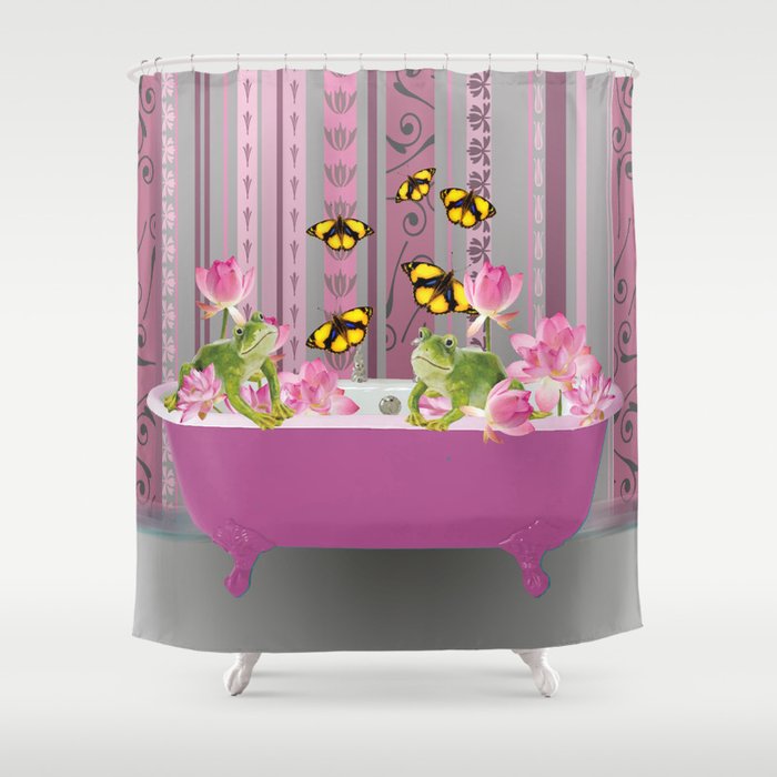 BathtubLotos Flowers Frogs with orange butterflies  Shower Curtain | Graphic-design, Frog, Frogs, Butterflies, Butterfly, Lotos, Lotus, Futuristic, Graphic-design, Modern
