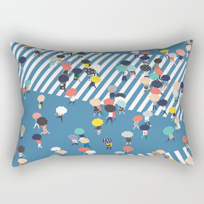 Crossing The Street On a Rainy Day - Blue Rectangular Pillow